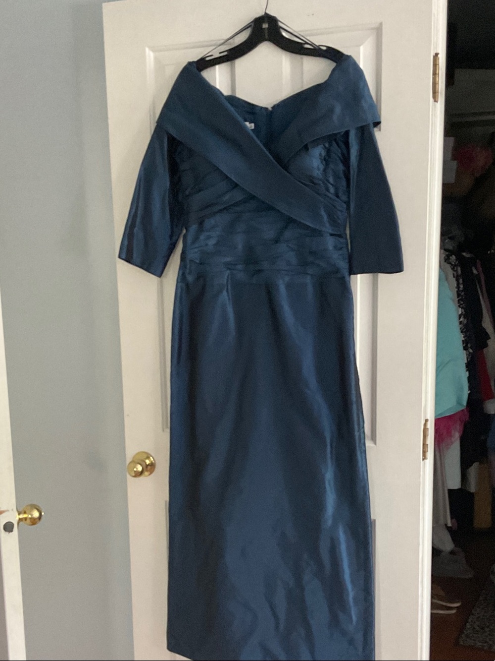 Rickie Freeman for Teri Jon Teal Blue Off-Shoulder Satin Gown